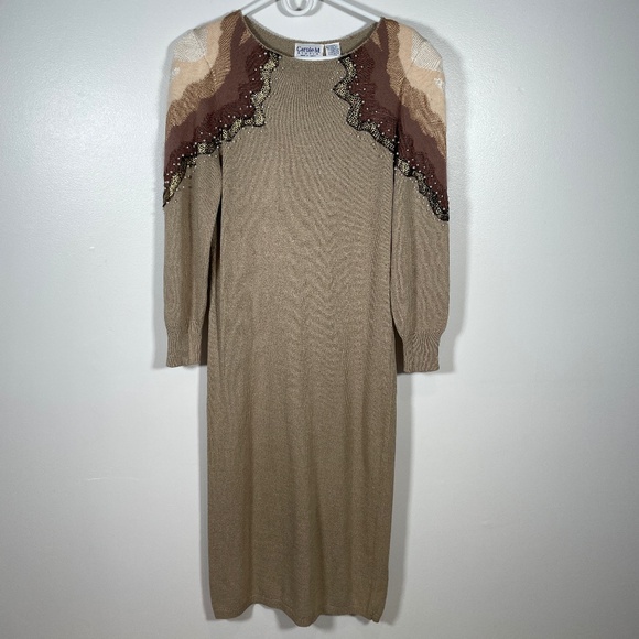 VTG CAROLE M. STUDIO Cocktail Dress Beige Size S Rayon Angora Rabbit Hair - Picture 1 of 15